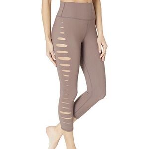 Alo High-Waist Slice Capri Slit Cutout Leggings Beige Taupe Smoky Quartz Small